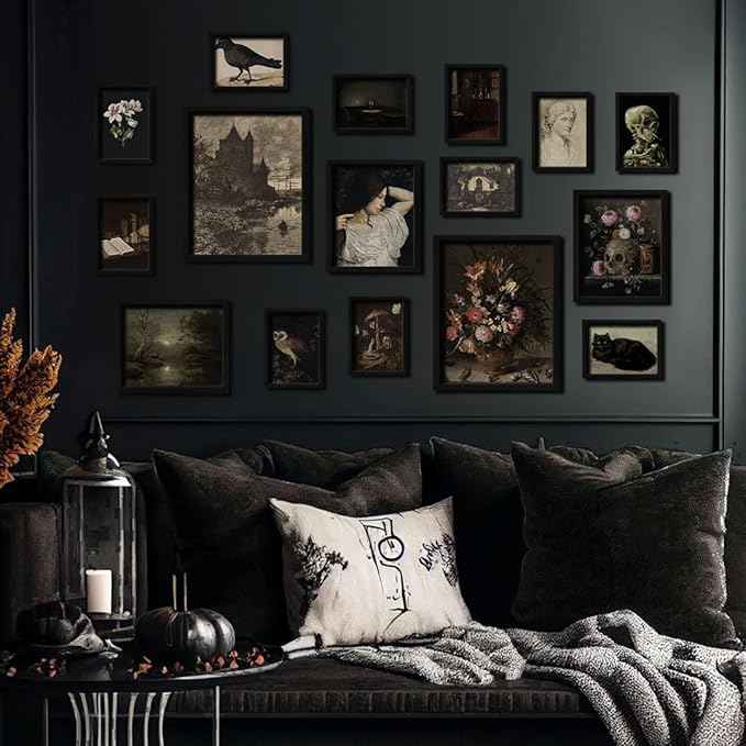 16 PCS Framed Dark Academia Room Decor, Gothic Home Decor, Moody Wall Art Prints for Bedroom, Gallery Wall Frame Set, Witchy Posters for Living Room Aesthetic, Halloween Dorm Collage Kit
