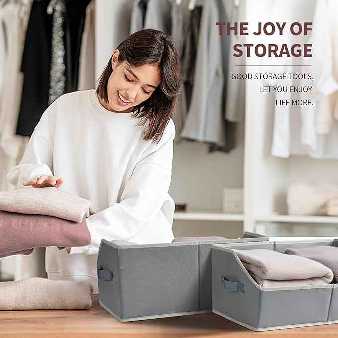 Trapezoid Closet Shelf Organizer - Large Baskets for Organizing, Fabric Storage Cubes for Shelves, Storag Organizers Bins for Clothes, Blankets, 3 Pack, Grey