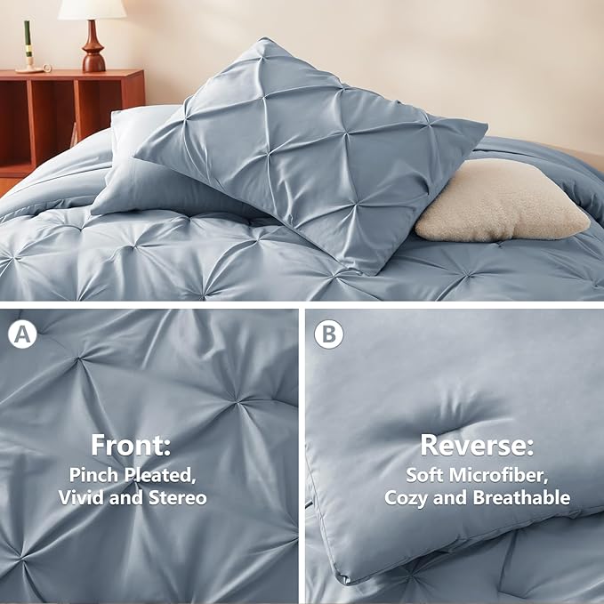 CozyLux Twin Comforter Set with Sheets Grayish Blue, 5 Pieces Pintuck Bed in A Bag, Twin Bed Set Gift for Family, Pinch Pleat Bedding Set with Comforter, Sheets, Pillowcase & Sham