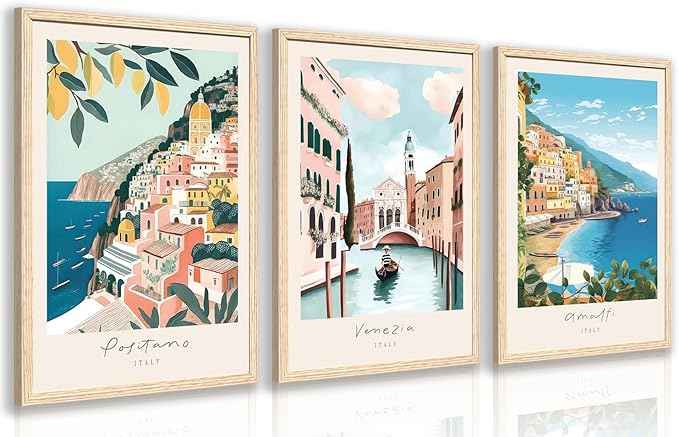 Cyebmo Italy Travel Wall Art, Amalfi Coast Landscape Wall Decor, Blue Venice Coast Canvas Artwork, Italian Modern City Aesthetic Picture for Living Room Bedroom Bathroom Wood Framed 16"x24"x3