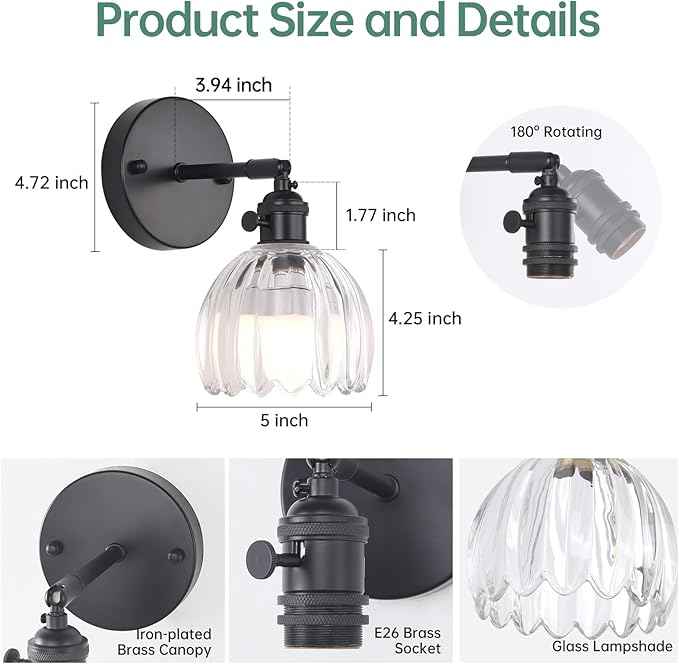 Vintage Battery Operated Wall Sconce with Transparent Tulip Glass Lampshade Rechargeable Battery Powered Black Wall Light with Remote Control for Bedside Bedroom Doorway, Set of 2