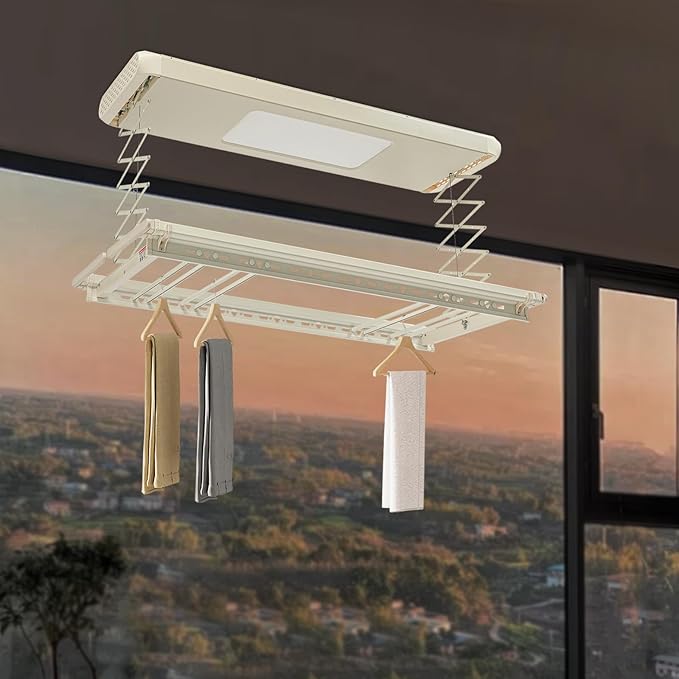 Electric Retractable Airing Rack Off-White Color, Ceiling Clothesline 77lbs Load, Ceiling Mounted Clothes Drying Rack 24W with Remote and Light for Laundry Balcony (Off-White Color)