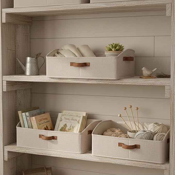 StorageWorks Closet Storage Bins, Trapezoid Organizer Box for Shelves, Fabric Clothes Bin, Foldable Organizing Baskets with Handles, Large, Brown and Beige, 3-Pack