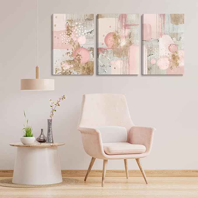 3Pcs Framed Pink and Gold Canvas Wall Art Abstract Posters Print Geometric Pictures Decor for Living Room Bedroom Bathroom Home Decoration