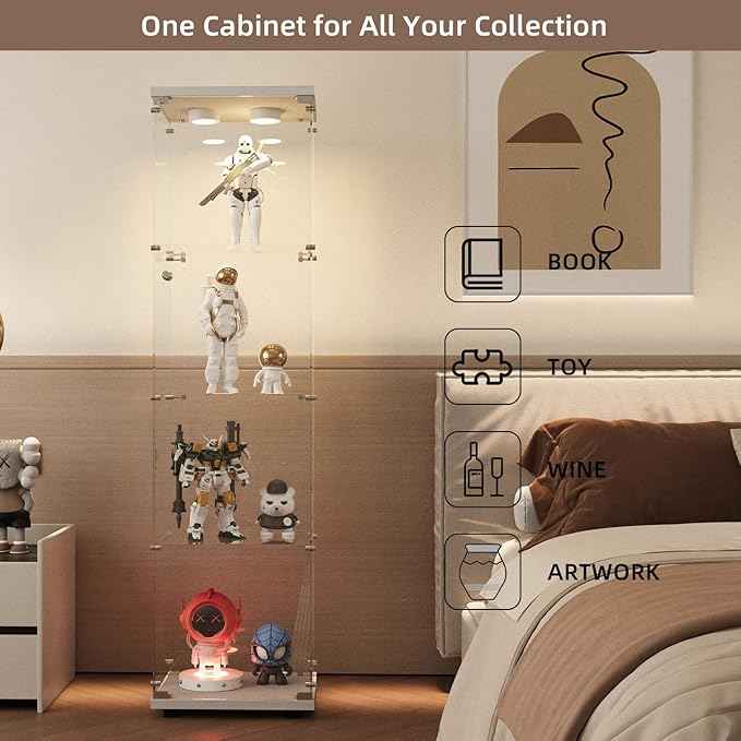 Beauty4U Glass Display Cabinet with LED Light, 4 Shelves, Curio Cabinets for Living Room, Bedroom, Office, White Floor Standing Glass Bookshelf, Quick Installation