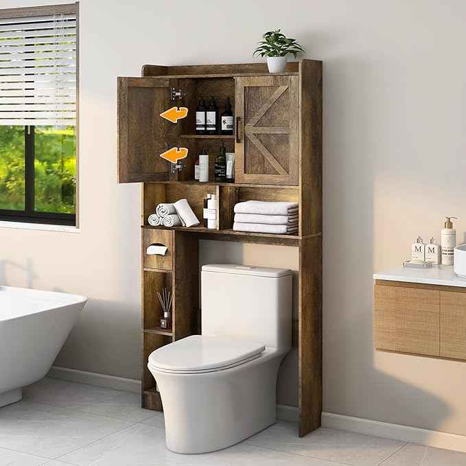 Vabches Over The Toilet Storage Cabinet, Farmhouse Storage Cabinet Over Toilet with 2 Barn Doors & Toilet Paper Holder Stand，Home Space-Saving Toilet Rack, for Bathroom, Restroom, Laundry.
