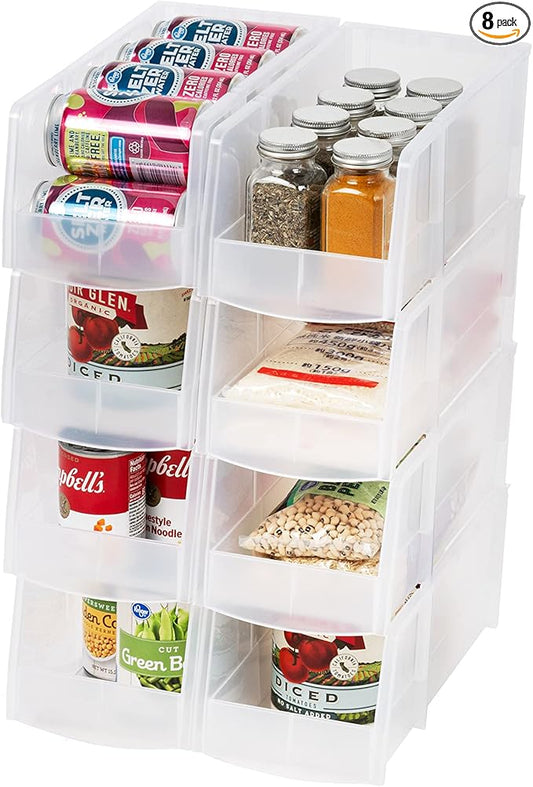 IRIS USA Clear Plastic Stackable Storage Bins, Large- 8 Pack, Open Front Fridge Pantry Kitchen Closet Cabinet Bathroom Organizer Basket for Organizing Snack, Cans, Office Supplies, and Coffee Pods
