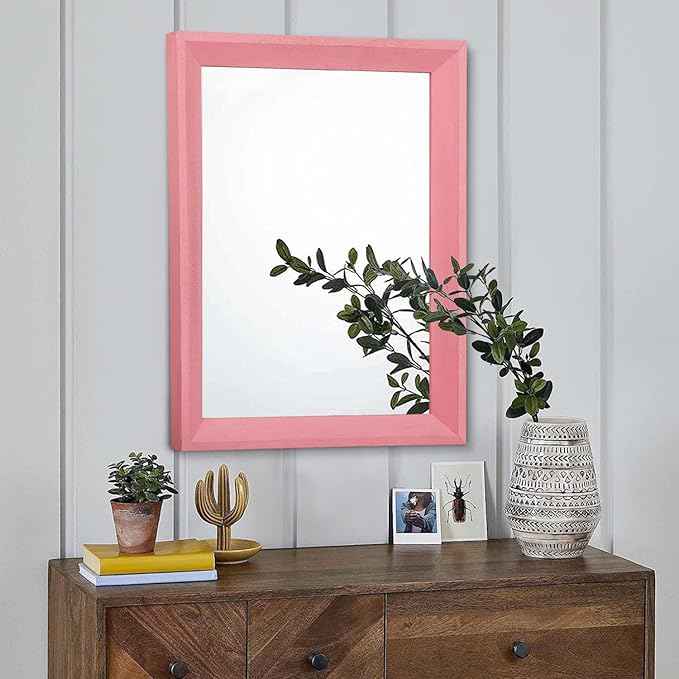 AAZZKANG Rectangle Mirror with Wood Frame Modern Farmhouse Wall Mirrors Decor Large 20"x16" for Bedroom Bathroom Living Room Pink