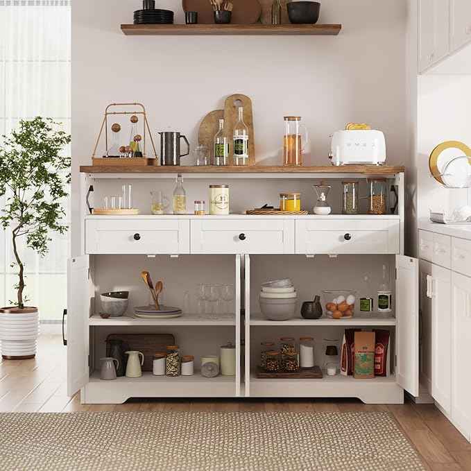 Farmhouse Buffet Cabinet with Drawers & Open Shelf, Sideboard Storage Cabinet, Kitchen Hutch Pantry, Wood Coffee Bar Station for Kitchen, Living Room, Hallway, 52" L White