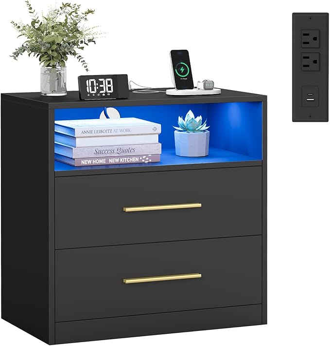 VASAGLE Custos Collection - Nightstand with Charging Station, LED Lights, Modern Night Stand, Side End Table with Drawers, Open Shelf, 2 AC Outlets USB Ports, Ink Black ULET639BC01S