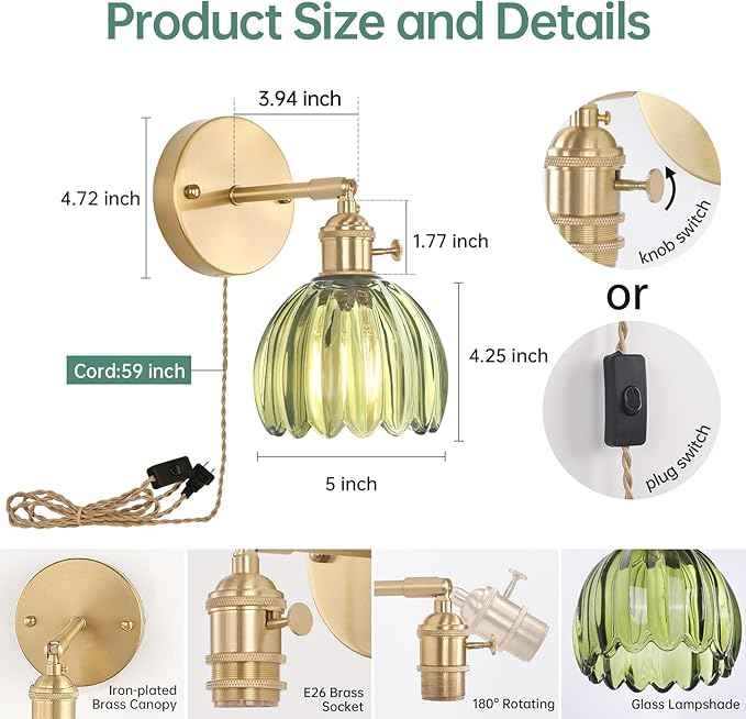 Plug in Wall Sconce, Green Tulip Glass Lampshade Wall Light Plugin Corded for Bedside Bedroom Doorway, 2 Pack