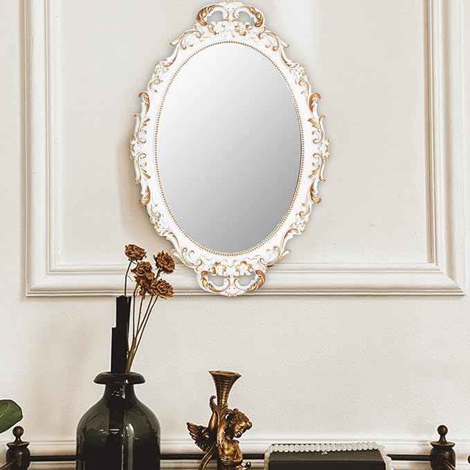 2 Pack - Vintage Decorative White Framed Mirror, Wall Hanging Mirrors & Tabletop Tray for Bedroom Living Room Dresser Decor, Oval- 9.6" W x 14.3" L (WHITE-2PACK)