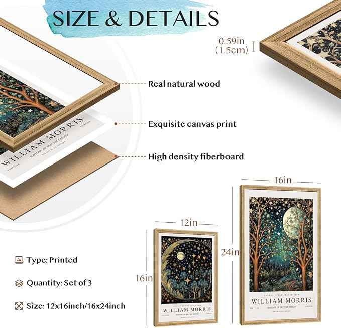 Hianan William Morris Canvas Wall Art, Vintage Gold Moon Stars Poster Prints, Many Dreamlike Stars Wall Decor, Retro Botanical Aesthetic Picture for Bedroom Living Room Office Wood Framed 16"x24"x3