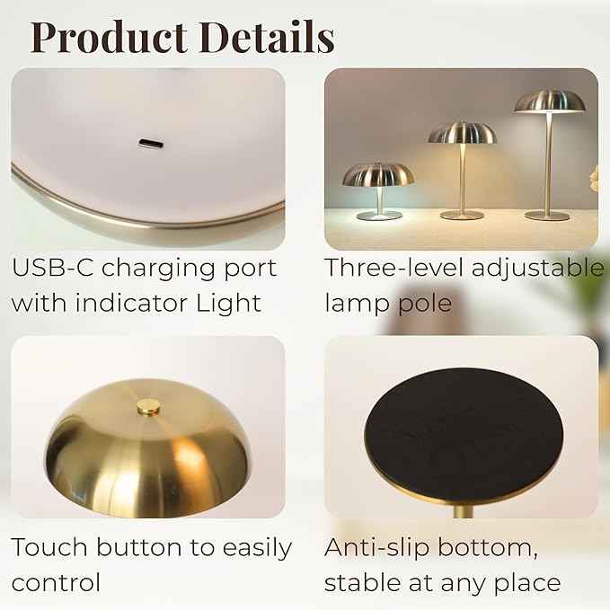 Portable Mushroom Table Lamp with 5200mAh Battery, 11'' Cordless LED Night Light with Stepless Dimming, 3 Color Modes & Adjustable Height for Bedroom/Patio/Bar Decor/Coffee Shop Ambiance (Silver-tall)