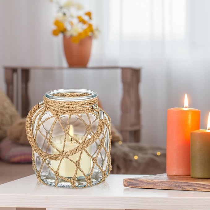 2 Set Nautical Candle Lantern with Rope Handle Coastal Glass Jar Battery Operated LED Flameless Lantern for Room Party Sea Beach House Table Centerpieces Decoration 5.5" x 5.5" x 6.3"