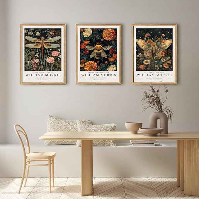 Hianan William Morris Animal Botanical Canvas Wall Art, Vintage Dragonfly Bee Butterfly Poster Prints, Maximalist Nature Flower Aesthetic Pictures for Living Room Bedroom Wood Framed 12"x16"x3