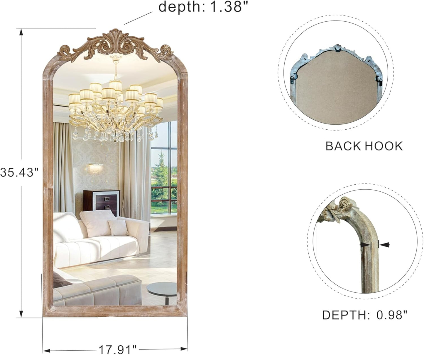 36" Tall Wood Framed Vintage Baroque Style Ornate Wall Mirror in Rustic Brown Finish for Farmhouse, Cottage, Attic for Bathroom, Living Room, Bedroom and Drawing Room(Brown, 16"x32")