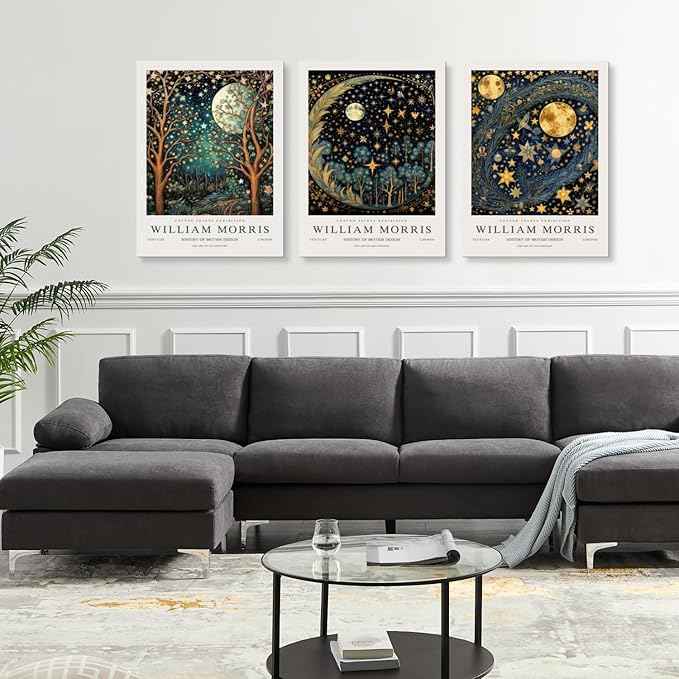 Hianan William Morris Framed Canvas Wall Art, Vintage Gold Moon Stars Poster Prints, Many Dreamlike Stars Wall Decor, Retro Botanical Aesthetic Picture for Bedroom Living Room Office 12"x16"x3