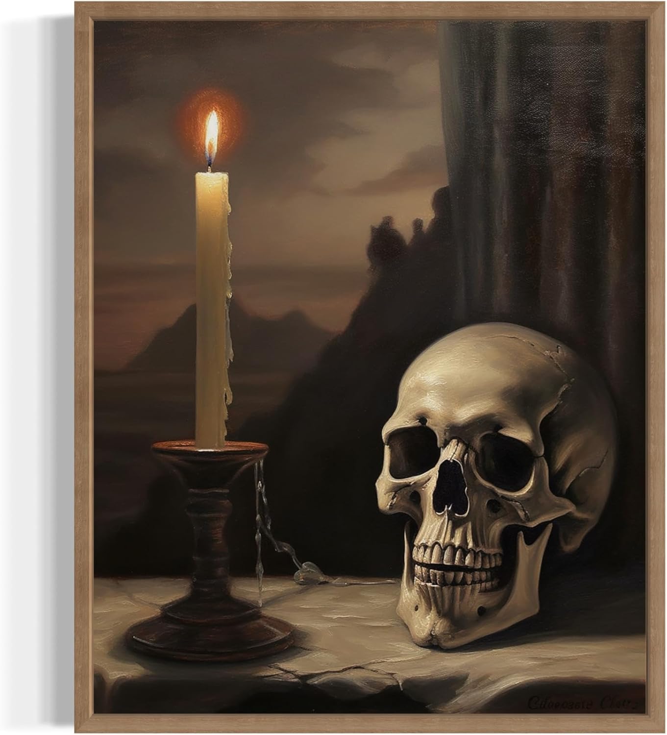 Skull and Candle Poster Art Print, Halloween Scary Vintage Wall Art Academia Spooky Painting Decoration for Horror Prints, Gothic Posters Bedroom Decor 89 (Skull and Candle, 8 x 10 inches, Wood Frame)