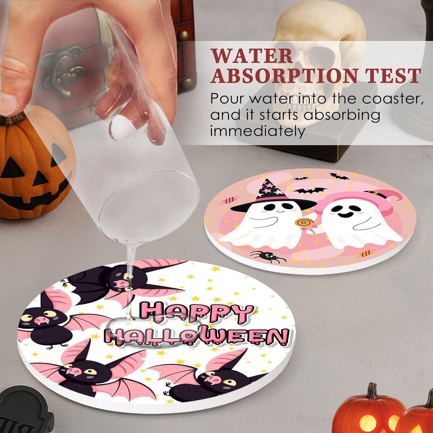 Coaster for Drinks Set of 6, Happy Halloween Cute Ghost Groovy Pink Absorbent Round Ceramic Stone Mat, with Cork Base and Metal Holder, Gift for Housewarming Room Bar Decor