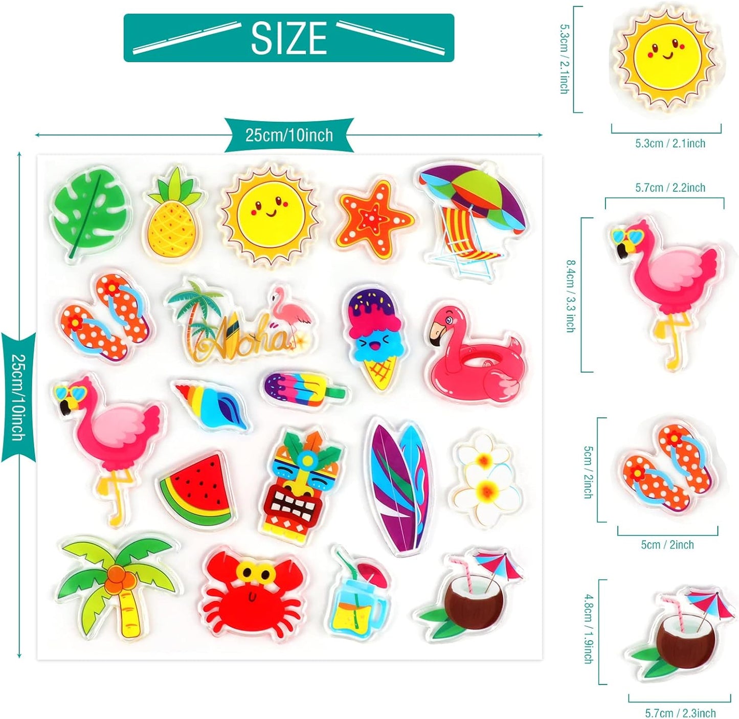 20 PCS Hawaiian Thick Gel Clings Summer Beach Window Gel Clings Decals Stickers for Kids Toddlers and Adults Home Airplane Classroom Nursery Hawaiian Party Supplies Decorations Removable and Reusable