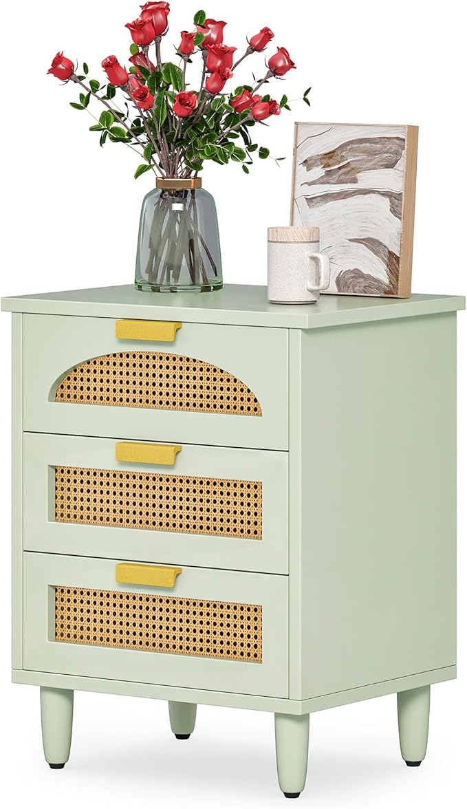 LITTLE TREE Rattan Nightstand, Mint Green End Table with 3 Drawers for Couch, Wooden Bedside Table for Bedroom, Easy Assembly