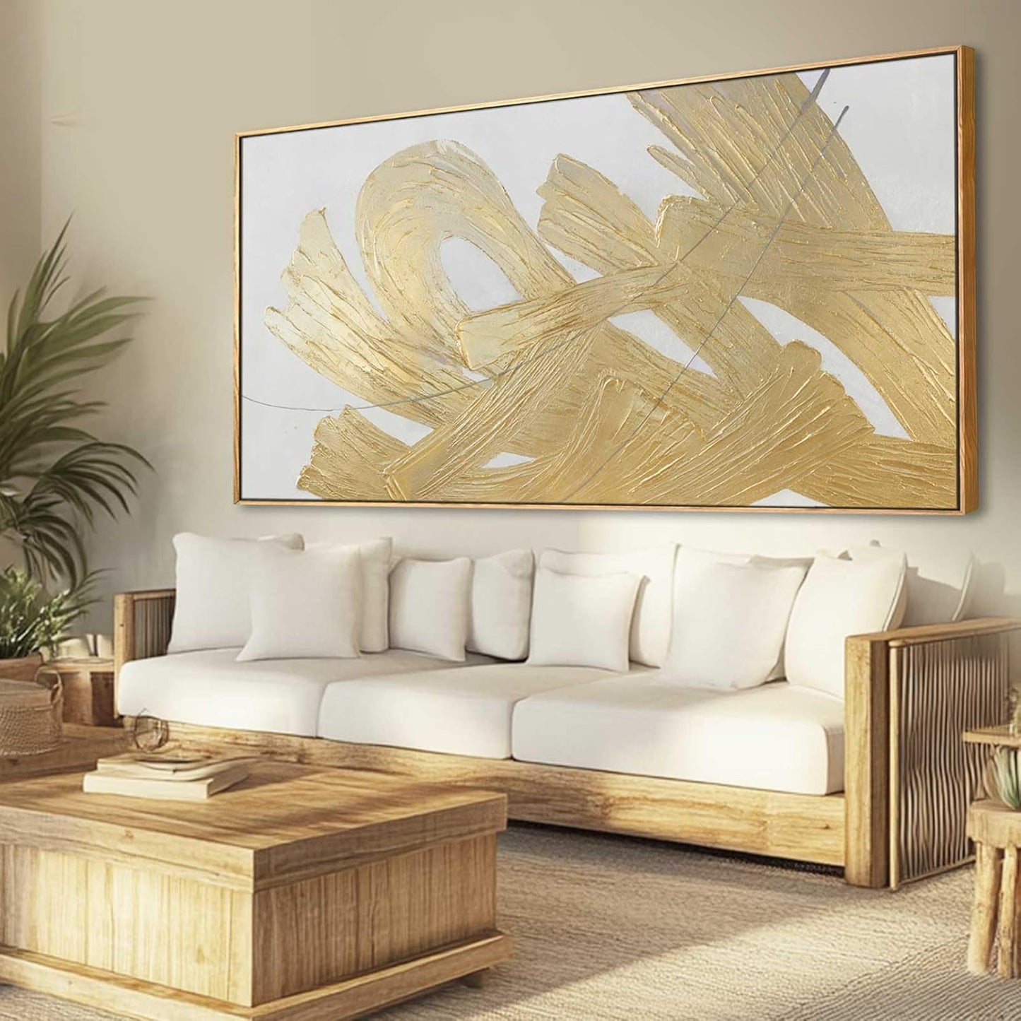 XIANSHOU White and Gold Wall Painting Neutral Wall Decor Modern Abstract Wall Art Minimalist Art 29"x58" Artwork for Living Room Kitchen Dining Room