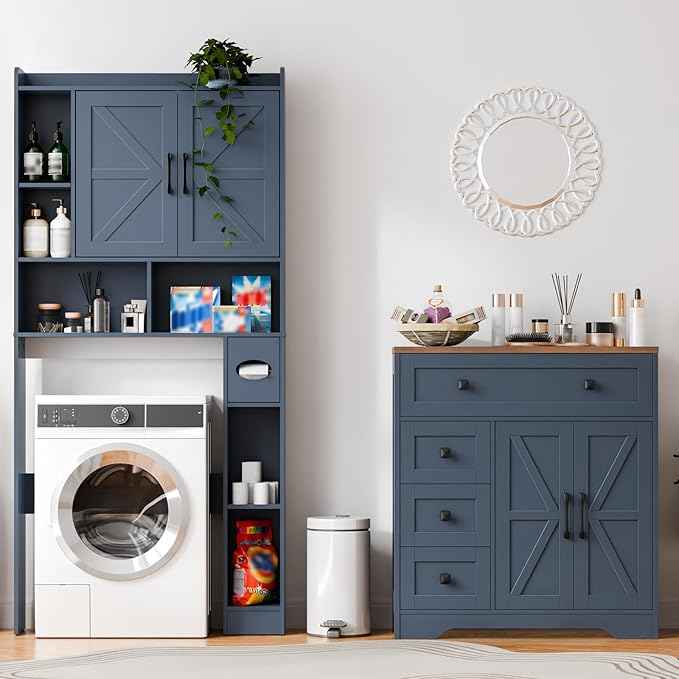 Vabches Farmhouse Storage Cabinet with 2 Doors and 4 Drawers, Freestanding Bathroom Storage Cabinet Kitchen Pantry, Floor Hutch Cupboard for Living Room/Bathroom/Kitchen,Blue