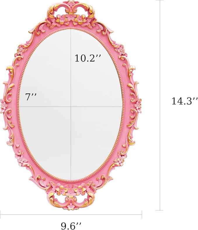 Vintage Decorative Pink Framed Mirror, Wall Hanging Mirrors & Tabletop Tray for Bedroom Living Room Dresser Decor, Oval- 9.6" W x 14.3" L (Pink)