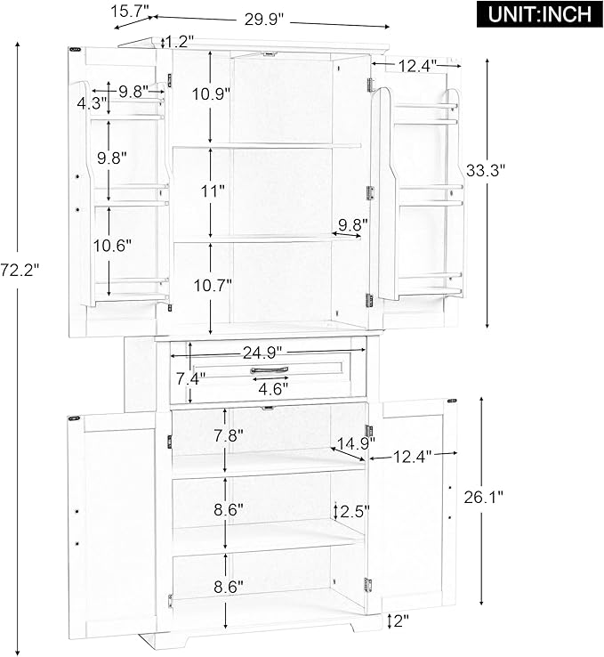 72.2" Storage Cabinet with Doors and Drawers, Tall and Wide Kicthen Pantry Cupboard Home Display Organizer with Door Shelf Rack for Bathroom, Adjustable Shelf, Gray