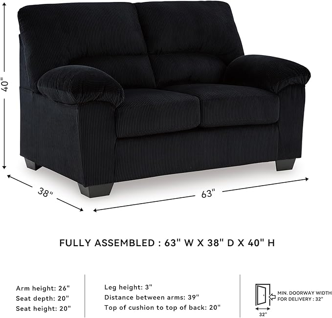 Signature Design by Ashley SimpleJoy Modern Loveseat for Living Room, Black