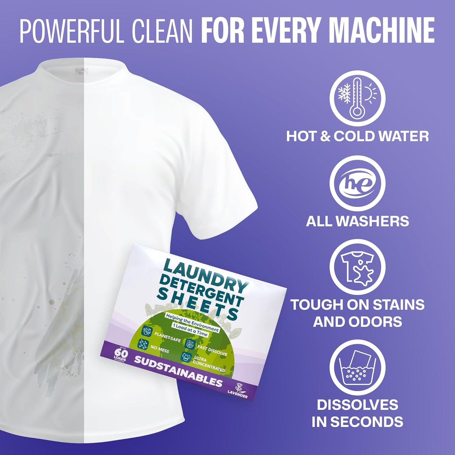 Sudstainables Laundry Detergent Sheets (60 Loads) – Eco-Friendly, Zero Waste, Plastic-Free Laundry Washing Machines Soap Sheets; Dissolvable, Space-Saving Strips for Travel (Lavender)