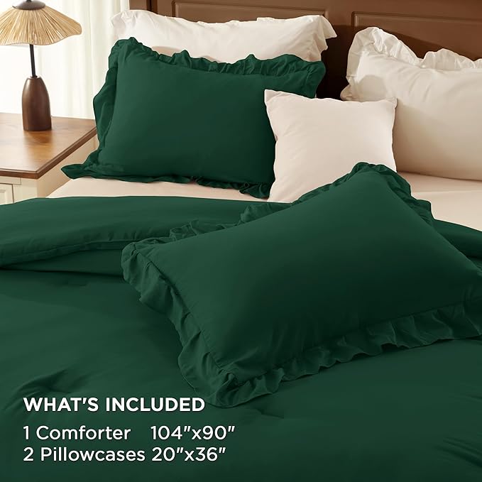 Andency Dark Green Ruffle Comforter Set King, Shabby Chic Farmhouse Bedding Comforter, Soft Lightweight Fluffy Microfiber Bet Set All Season 3 Pieces Solid Comforter Set