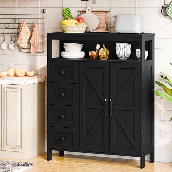 Vabches Farmhouse Storage Cabinet with 2 Doors and 4 Drawers, Freestanding Bathroom Compartment Kitchen Pantry Cabinet, Floor Cupboard for Kitchen/Living Room/Bathroom,Pure Black