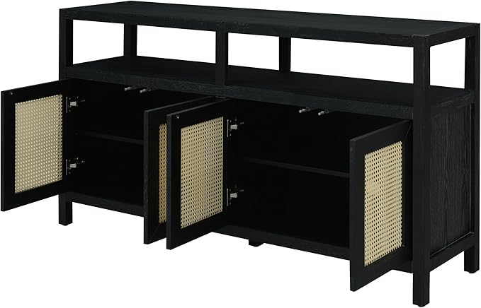 Ball & Cast 60" Rattan Buffet Sideboard Cabinet with Storage, Modern Boho Coffee Bar w/Push-to-Open Doors & Adjustable Shelves, Wood Console Cabinet for Kitchen,Livingroom & Dining Room, Black