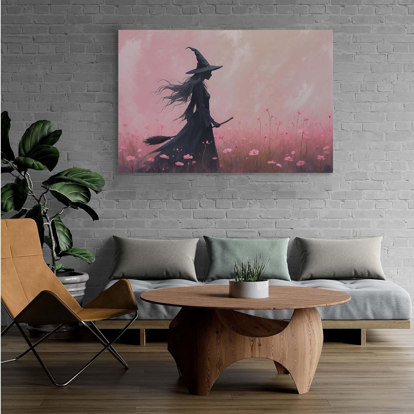 JFHCQJPK Witch in the pink sea of flowers Halloween prints weird flowers wall art silhouette painting fashionable romantic decoration suitable for bedroom12x16in Frameless