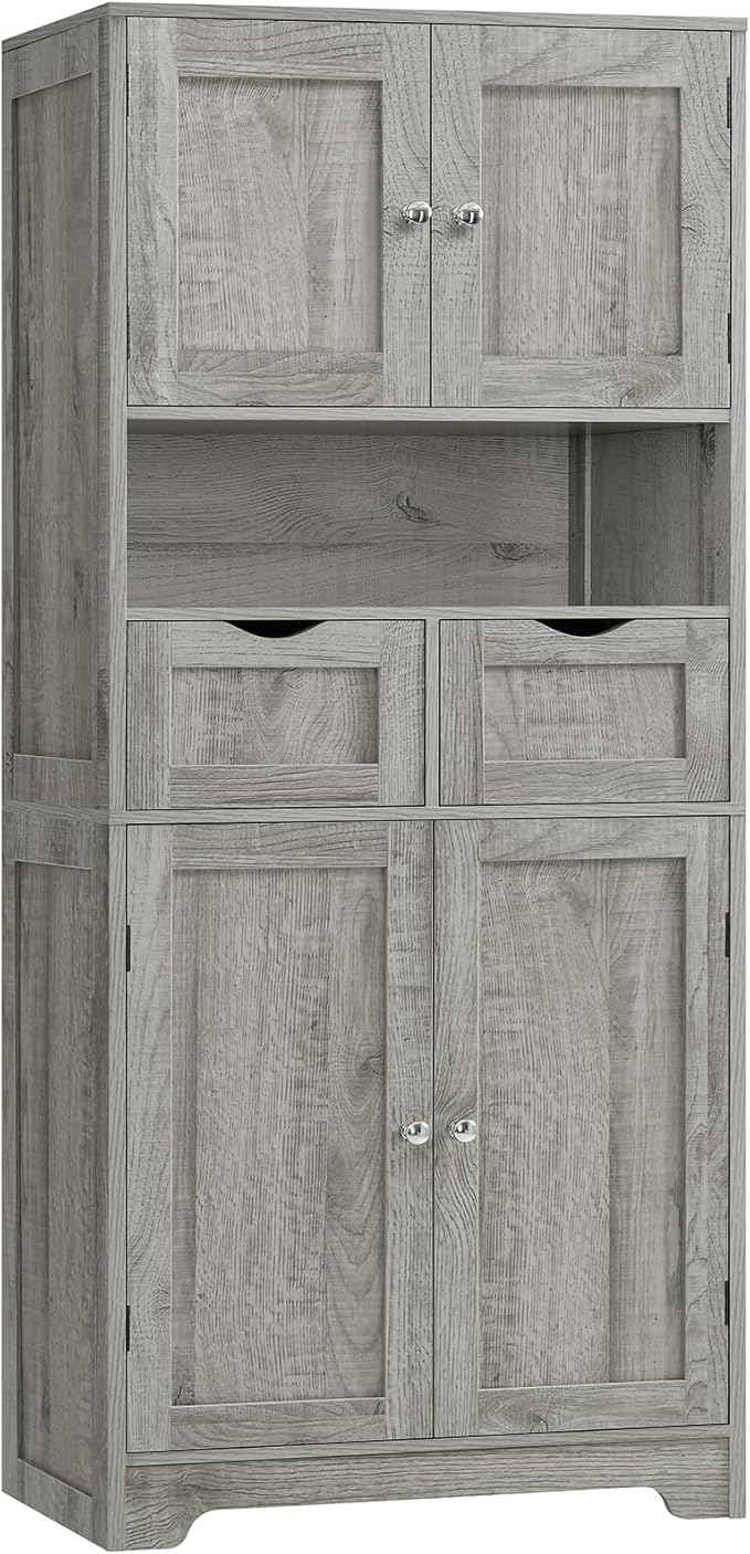 Iwell Tall Storage Cabinet with Adjustable Shelf, Bathroom Cabinet with 2 Drawers, Linen Cabinet for Living Room, Grey