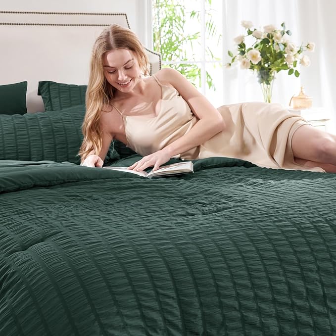 CozyLux King Size Comforter Set Forest Green Seersucker 7 Pieces Bed in a Bag King Comforter Set with Sheets, Luxury Bedding Set with Down Alternative Comforter, Sheets, Pillowcases & Shams All Season