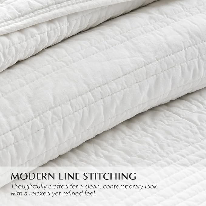 EVERGRACEHOME 100% Cotton Modern Lines Quilt Set King Size, Pre-Washed Soft Striped Coverlet Bedspread, 3 Piece Lightweight Bedding Set for All Season, with 2 Pillow Shams, Bright White