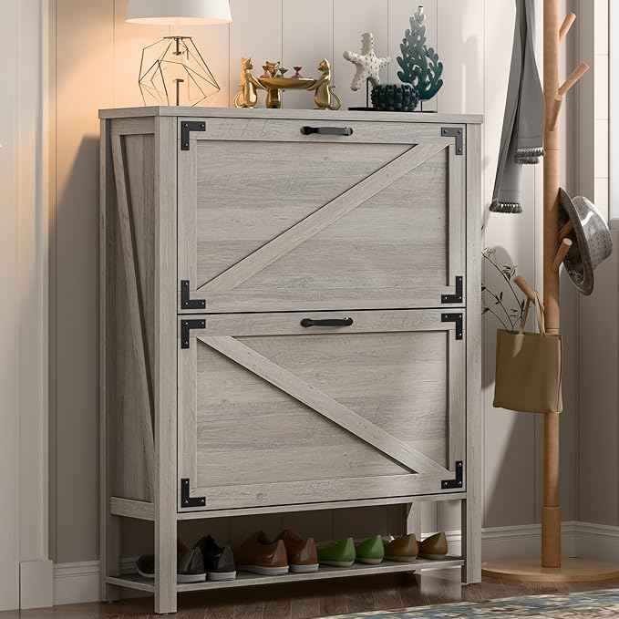 Vabches Shoe Storage Cabinet, 5-Tier Farmhouse Freestanding Organizer with 2 Flip Drawers, Wooden Shoes Rack Cabinets Storage Organizer with Doors for Entryway, Hallway, Closet, Rustic Grey