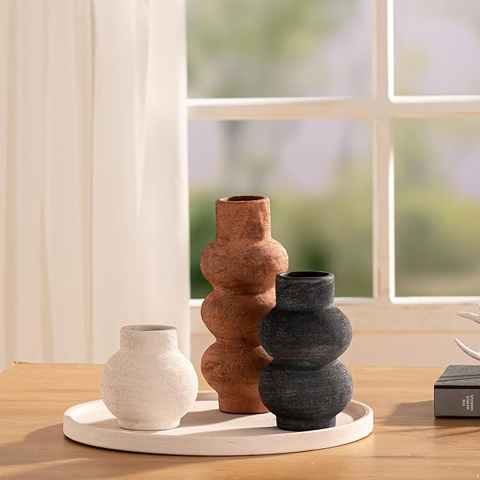 Ceramic Vase Home Table Decor - Flower Vase Set of 3 Living Room Kitchen Decorations Farmhouse Modern Rustic Vases Decorative Centerpiece for Shelf Bedroom Office Bathroom Dining Coffee Desk