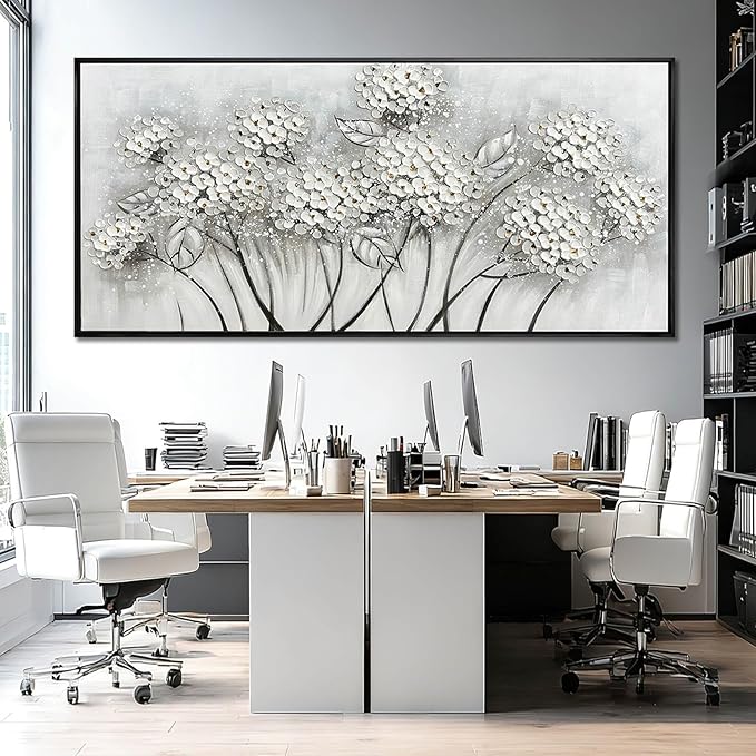 Kureful Grey and White Hand Painted Wall Art Flower Canvas Artwork Contemporary Oil Paintings 40"x86" Decorations for Bedroom Office