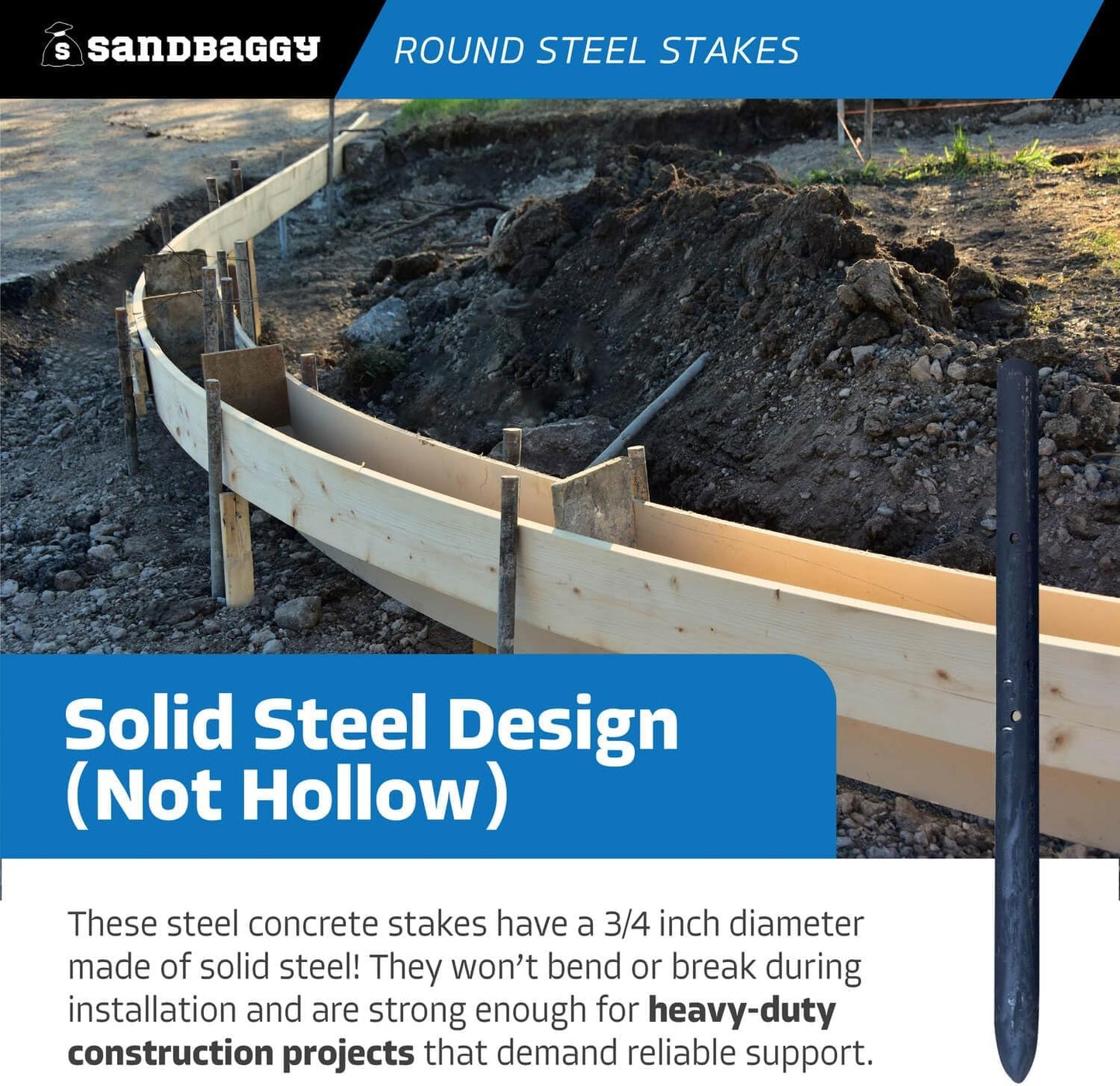 Sandbaggy Round Steel Concrete Form Stakes with Nail Holes - Rust Resistant Coating - Removable, Reusable (20, 3/4 in X 12 in)