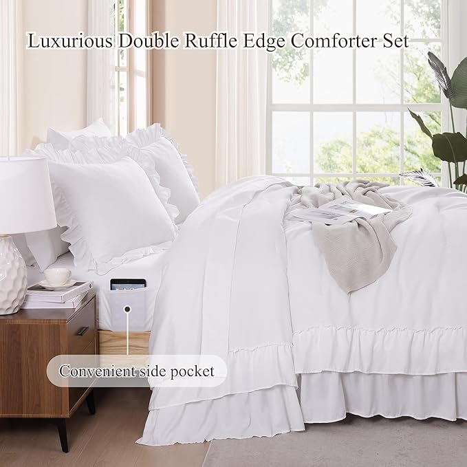 Full Comforter Set White, Ruffle Shabby Chic Bedding Set Farmhouse 7 Pieces, All Season Fluffy Bed in a Bag with Sheets, Pillowcases & Shams
