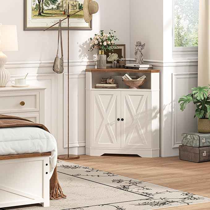 Vabches Corner Storage Cabinet, Small Corner Cabinet with USB Ports and Outlets Organizer, Barn Door Design and Adjustable Shelf, Living Room, Kitchen, Bathroom（White