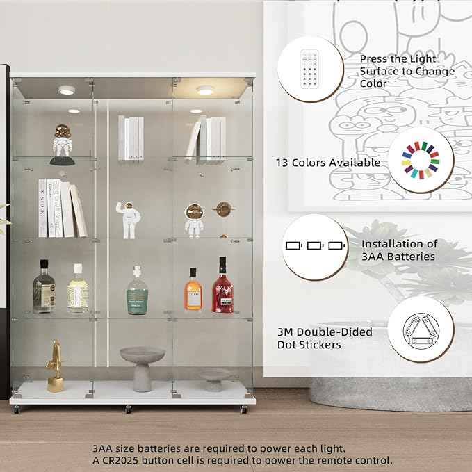 Beauty4U Glass Display Cabinet with LED Lights, Extra Large 3 Columns 2 Doors Curio Cabinets with 12 Shelves for Living Room, Bedroom, Office, White Floor Standing DIY Glass Bookshelf