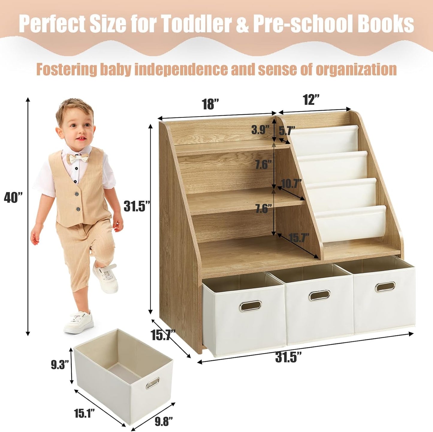 Kids Bookshelf and Toy Storage Organizer, Montessori Nursery Book Shelves with 3 Tier Sling Rack & Fabric Toy Bins, Children Toddler Baby Bookshelf, Wooden Toy Shelf for Kids Room Playroom