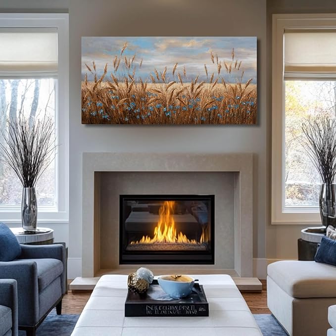 GAIDUOMAI Flowers Wall Art Gold Cornfield Artwork Blue Sky Landscape Wall Decor Vintage Posters for Room Decor 24"x48" Wall Prints for Office Home Bedroom