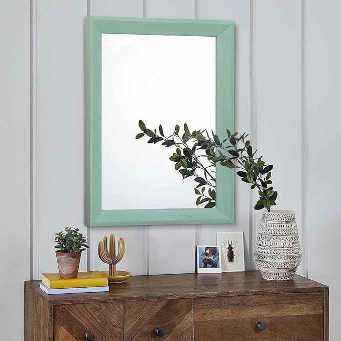 AAZZKANG Wood Framed Mirror Rectangle Modern Farmhouse Wall Mirrors Decor Large 20"x16" for Bedroom Living Room Bathroom Dressing Room Green