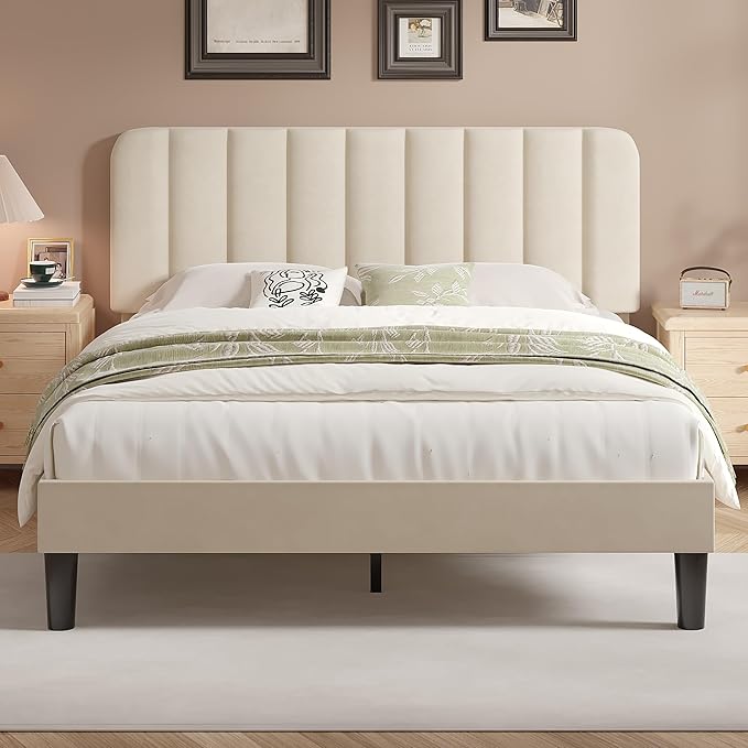 VECELO Full Size Bed Frame with Upholstered Headboard, Velvet Platform Bedframe Mattress Foundation, Strong Wood Slat Support, No Box Spring Needed,Bone Beige